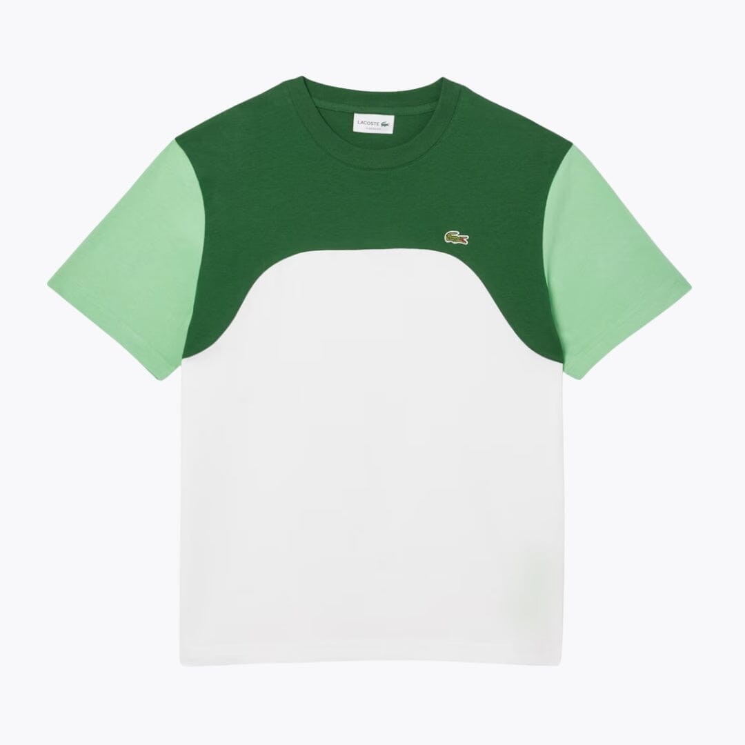 Lacoste Baumwolljersey-Farbblock-T-Shirt Kleiderkunst Weiß / Grün S 