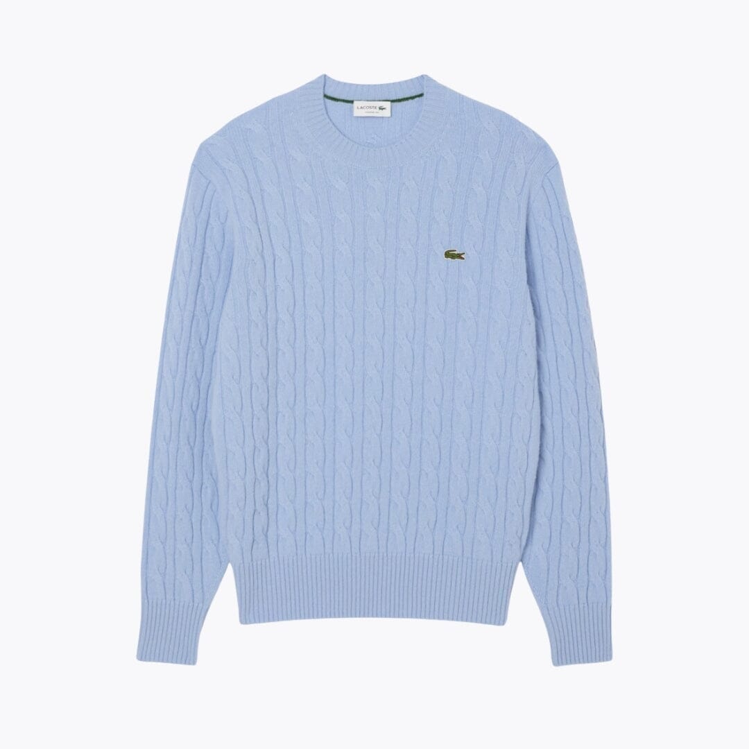 Lacoste Cable Knit Carded Wool Crew Neck Sweater Kleiderkunst Hellblau S 