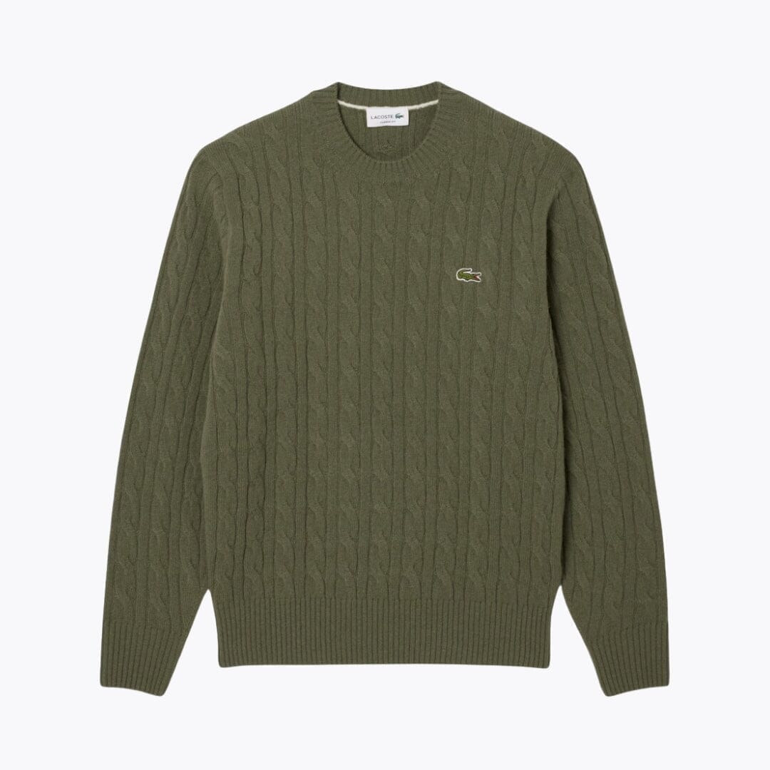 Lacoste Cable Knit Carded Wool Crew Neck Sweater Kleiderkunst Khaki S 