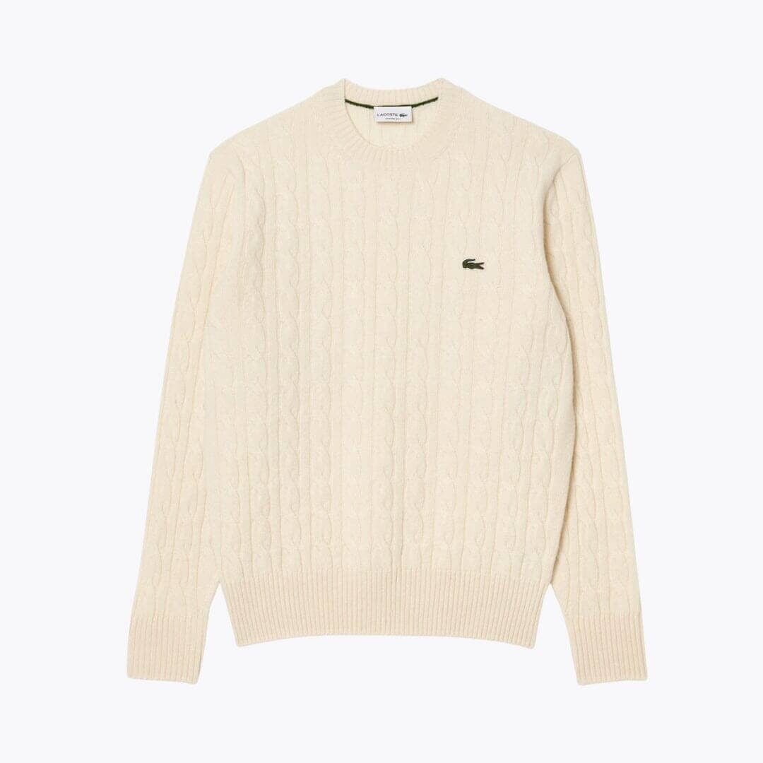 Lacoste Cable Knit Carded Wool Crew Neck Sweater Kleiderkunst Weiß S 